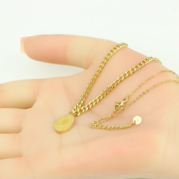 Chic Dual Chain Yellow Necklace with Polished Oval Pendant Charm, XPNL0366 - Picture 6 of 13